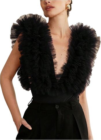 MakeMeChic Women's Ruffle Mesh Bodysuit Shirt Deep V Neck Sleeveless Y2K Leotard Top in Saudi Arabia
