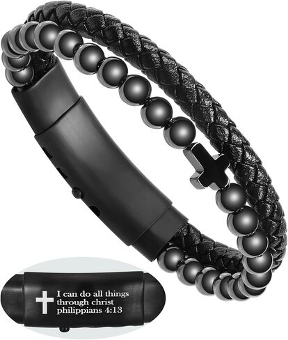 سوار متقاطع مغناطيسي للرجال من جيكانوري، سوار من الجلد المضفر باللون الأسود مع حجر السج الأسود، هدايا مسيحية للرجال in Kuwait