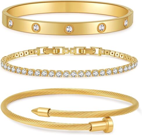 Gold Plated Bangle Bracelets for Women Stackable 18K Gold Plated Stainless Steel Love Bracelet Set Nail Cuff Bangle Set for Love Jewelry Adjustable Tennis Bracelet Non Tarnish Gift Jewelry in Saudi Arabia