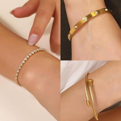 Gold Plated Bangle Bracelets for Women Stackable 18K Gold Plated Stainless Steel Love Bracelet Set Nail Cuff Bangle Set for Love Jewelry Adjustable Tennis Bracelet Non Tarnish Gift Jewelry in Saudi Arabia