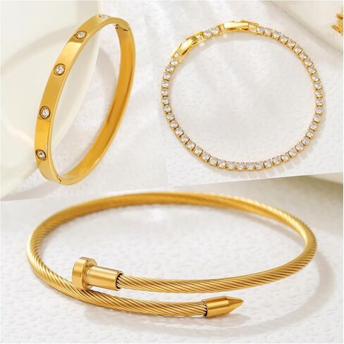 Gold Plated Bangle Bracelets for Women Stackable 18K Gold Plated Stainless Steel Love Bracelet Set Nail Cuff Bangle Set for Love Jewelry Adjustable Tennis Bracelet Non Tarnish Gift Jewelry in Saudi Arabia