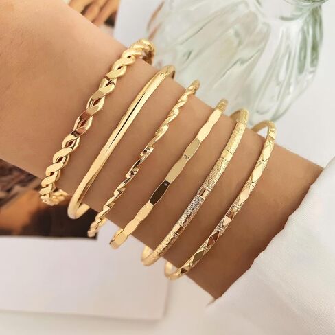 Gold Bangle Bracelet, 6 Pcs Gold Plated Dainty Layered Chain, 14K Layer Stackable Cuff Bracelet Set for Women (Gold) in Saudi Arabia