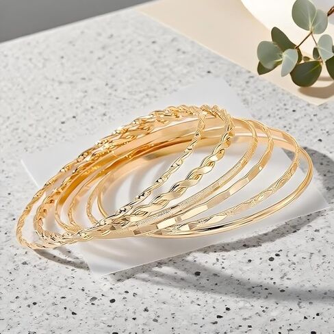 Gold Bangle Bracelet, 6 Pcs Gold Plated Dainty Layered Chain, 14K Layer Stackable Cuff Bracelet Set for Women (Gold) in Saudi Arabia