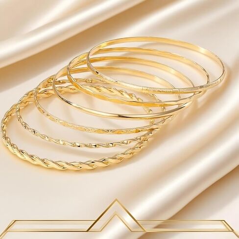 Gold Bangle Bracelet, 6 Pcs Gold Plated Dainty Layered Chain, 14K Layer Stackable Cuff Bracelet Set for Women (Gold) in Saudi Arabia