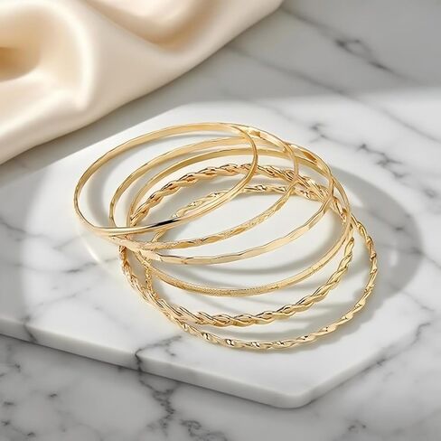 Gold Bangle Bracelet, 6 Pcs Gold Plated Dainty Layered Chain, 14K Layer Stackable Cuff Bracelet Set for Women (Gold) in Saudi Arabia