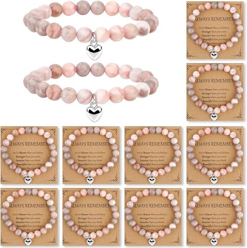 12 Pcs Beaded Adjustable Crystal Natural Stone Bracelets, Inspirational Gifts Bracelets for Women, Natural Stone Gifts Sweet Heart Beaded Bracelets with Cards in Kuwait
