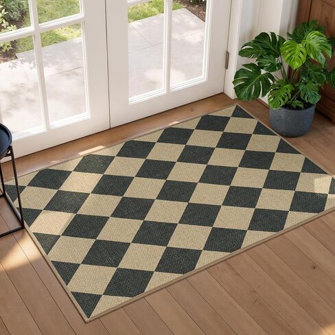 Lessymo Checkered 3x5 Outdoor Patio Rug, Washable Easy Jute Rugs for Entryway Indoor Outdoor Living Room Carpet, Farmhouse Non Slip Door Mat for Backyard Bedroom, Diamond Black/Beige in Saudi Arabia