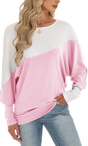 Eniloyal Womens Long Sleeve Tops Oversized Trendy Color Block Round Neck Casual Tunic Shirts Blouses in Saudi Arabia