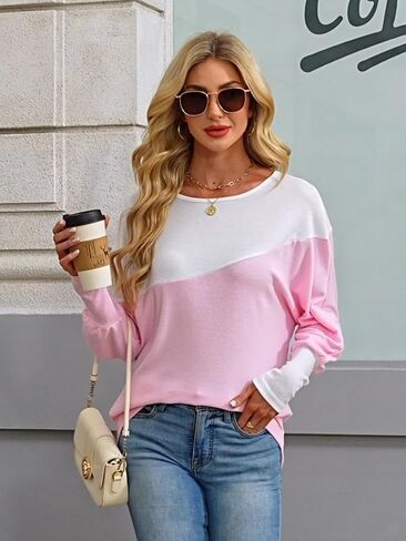 Eniloyal Womens Long Sleeve Tops Oversized Trendy Color Block Round Neck Casual Tunic Shirts Blouses in Saudi Arabia