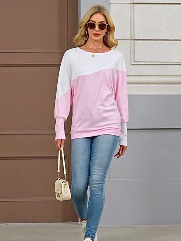 Eniloyal Womens Long Sleeve Tops Oversized Trendy Color Block Round Neck Casual Tunic Shirts Blouses in Saudi Arabia