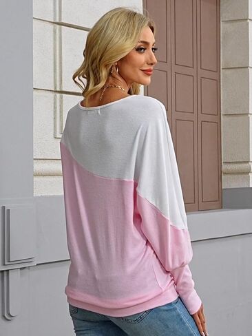 Eniloyal Womens Long Sleeve Tops Oversized Trendy Color Block Round Neck Casual Tunic Shirts Blouses in Saudi Arabia