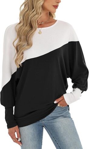 Eniloyal Womens Long Sleeve Tops Oversized Trendy Color Block Round Neck Casual Tunic Shirts Blouses in Saudi Arabia