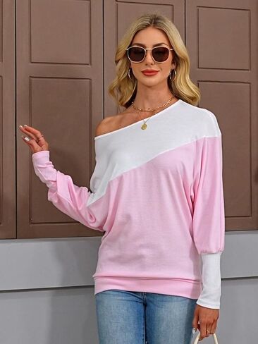 Eniloyal Womens Long Sleeve Tops Oversized Trendy Color Block Round Neck Casual Tunic Shirts Blouses in Saudi Arabia