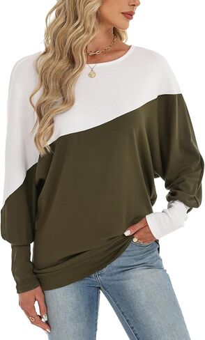 Eniloyal Womens Long Sleeve Tops Oversized Trendy Color Block Round Neck Casual Tunic Shirts Blouses in Saudi Arabia