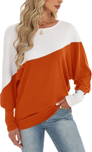 Eniloyal Womens Long Sleeve Tops Oversized Trendy Color Block Round Neck Casual Tunic Shirts Blouses in Saudi Arabia