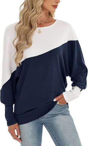 Eniloyal Womens Long Sleeve Tops Oversized Trendy Color Block Round Neck Casual Tunic Shirts Blouses in Saudi Arabia