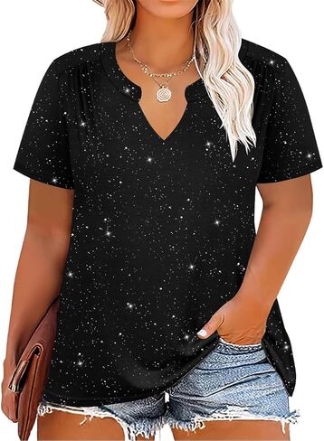 CARCOS Plus Size Tops for Women Summer Short Sleeve V Neck T Shirts Pleated Casual Business Tunic Blouses XL-5XL in Saudi Arabia