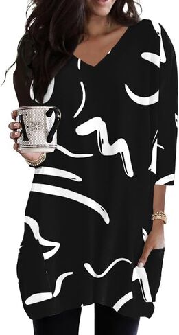 Poetsky Womens Tunic Tops for Leggings with Pockets Vneck 3/4 Length Sleeve Shirt Casual Long T-Shirts S-3XL in Saudi Arabia