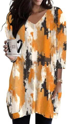 Poetsky Womens Tunic Tops for Leggings with Pockets Vneck 3/4 Length Sleeve Shirt Casual Long T-Shirts S-3XL in Saudi Arabia