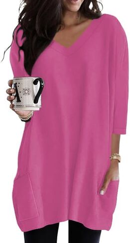 Poetsky Womens Tunic Tops for Leggings with Pockets Vneck 3/4 Length Sleeve Shirt Casual Long T-Shirts S-3XL in Saudi Arabia