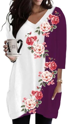 Poetsky Womens Tunic Tops for Leggings with Pockets Vneck 3/4 Length Sleeve Shirt Casual Long T-Shirts S-3XL in Saudi Arabia