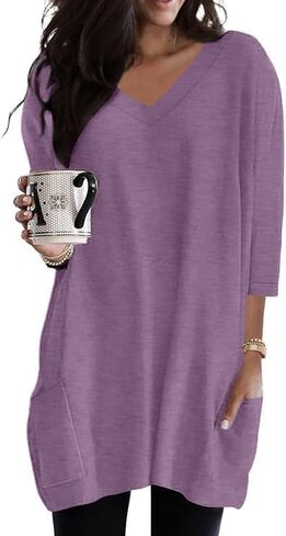 Poetsky Womens Tunic Tops for Leggings with Pockets Vneck 3/4 Length Sleeve Shirt Casual Long T-Shirts S-3XL in Saudi Arabia