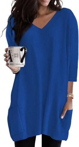 Poetsky Womens Tunic Tops for Leggings with Pockets Vneck 3/4 Length Sleeve Shirt Casual Long T-Shirts S-3XL in Saudi Arabia