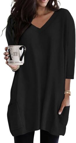 Poetsky Womens Tunic Tops for Leggings with Pockets Vneck 3/4 Length Sleeve Shirt Casual Long T-Shirts S-3XL in Saudi Arabia