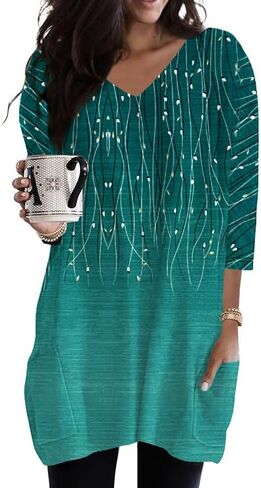 Poetsky Womens Tunic Tops for Leggings with Pockets Vneck 3/4 Length Sleeve Shirt Casual Long T-Shirts S-3XL in Saudi Arabia