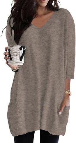 Poetsky Womens Tunic Tops for Leggings with Pockets Vneck 3/4 Length Sleeve Shirt Casual Long T-Shirts S-3XL in Saudi Arabia