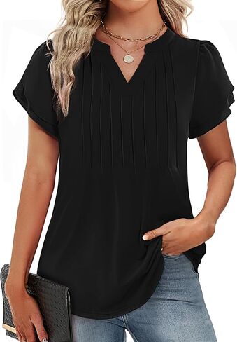 Funlingo Womens Blouses Dressy Casual Short Petal Sleeve Tops Business Summer Pintuck Chiffon Tops 2026 in Saudi Arabia