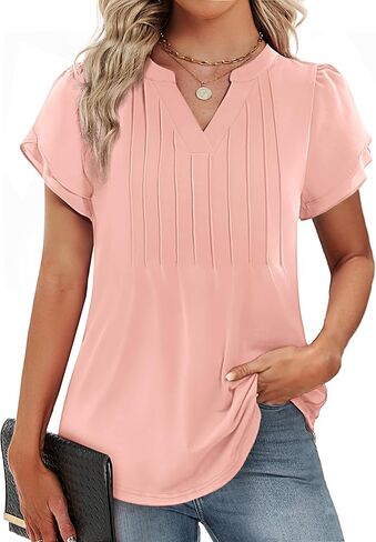 Funlingo Womens Blouses Dressy Casual Short Petal Sleeve Tops Business Summer Pintuck Chiffon Tops 2026 in Saudi Arabia
