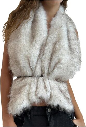 MakeMeChic Women's Faux Fur Vest Jacket Sleeveless Tie Open Back Fuzzy Y2K Coat Outerwear in Saudi Arabia