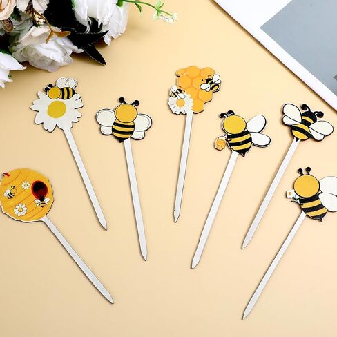 Teaaha 14PCS Bee Decor Wooden Picks, Cute Double-Sided Bumble Bee Stems Party Decorations, Wood Honeybee Decorative Pick for Vase Filler Table Centerpieces Farmhouse Home Kitchen Summer Party Favor in Saudi Arabia