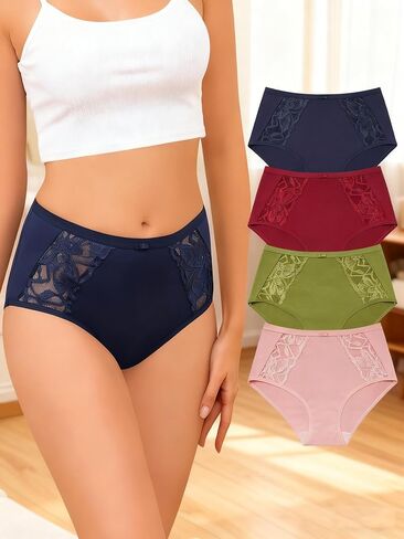 4PCS Pure Cotton Lace-Panel High-Waisted Women's Panties in Saudi Arabia