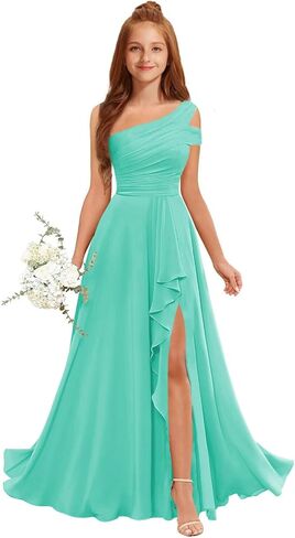 Junior Bridesmaid Dresses for Teen Girls Formal Dress Chiffon One Shoulder Long Pleated Flower Girl Dress with Slit in Saudi Arabia