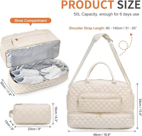 50L Large Travel Duffle Bag for Women, Weekender Overnight Bag W/Shoe Compartment+Wet Pocket+Toiletry Bag TSA Approved, Beige in Saudi Arabia