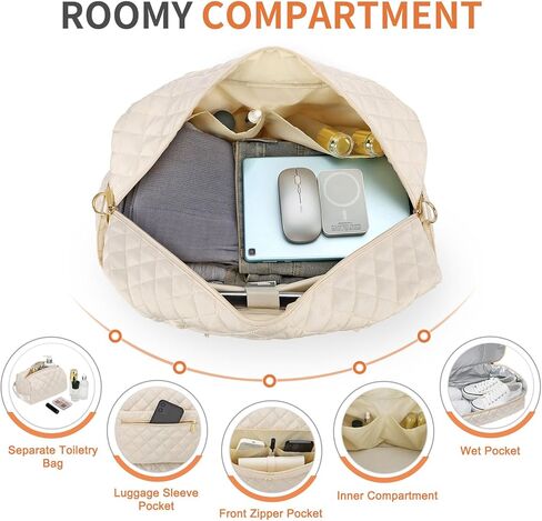 50L Large Travel Duffle Bag for Women, Weekender Overnight Bag W/Shoe Compartment+Wet Pocket+Toiletry Bag TSA Approved, Beige in Saudi Arabia