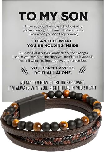 Tiger Eye Bracelet To My Son, Black Bead And Brown Leather Bracelet Guardian Bracelet From Mom And Dad Protection Jewelry Gift in Saudi Arabia