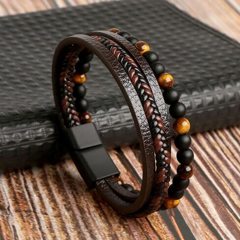 Tiger Eye Bracelet To My Son, Black Bead And Brown Leather Bracelet Guardian Bracelet From Mom And Dad Protection Jewelry Gift in Saudi Arabia