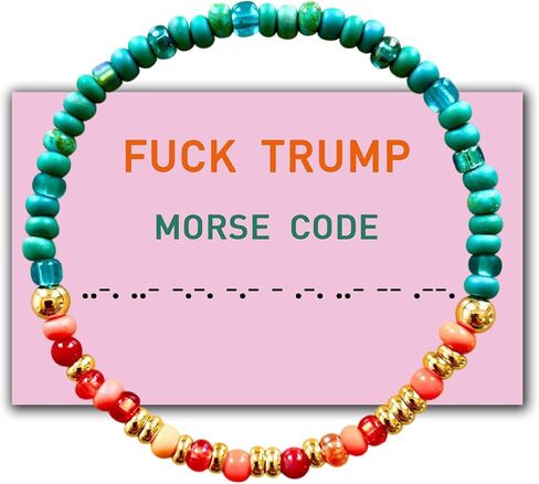 FUCK TRUMP Morse Code سوار مطرز - حياة فتاة إستعراض - مجوهرات سياسية مصنوعة يدويًا مناهضة للفاشية - أوباليت برتقالي بالنعناع in Kuwait