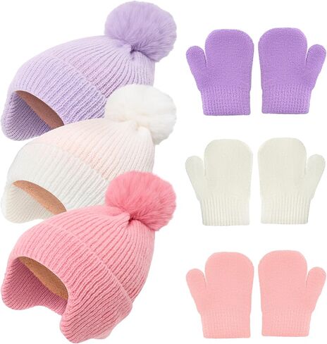 3 Set Winter Knit Beanies Gloves for Boys Girls Warm Hat with Soft Pom for 6-24 Months Baby Toddler Children in Saudi Arabia