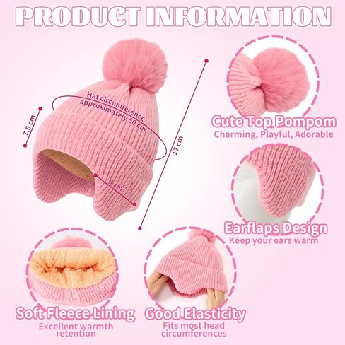 3 Set Winter Knit Beanies Gloves for Boys Girls Warm Hat with Soft Pom for 6-24 Months Baby Toddler Children in Saudi Arabia