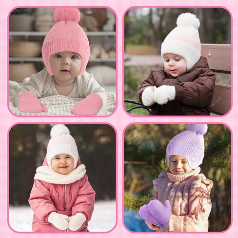 3 Set Winter Knit Beanies Gloves for Boys Girls Warm Hat with Soft Pom for 6-24 Months Baby Toddler Children in Saudi Arabia