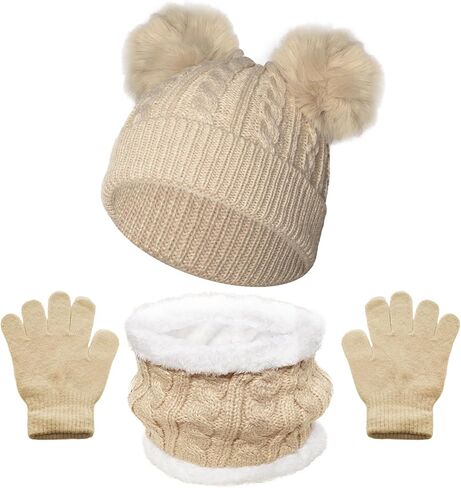 Kids Winter Hat Scarf Gloves Set Children Warm Knit Fleece Lined Pompom Hat Thick Beanie Hats Gloves for Girls Boys in Kuwait