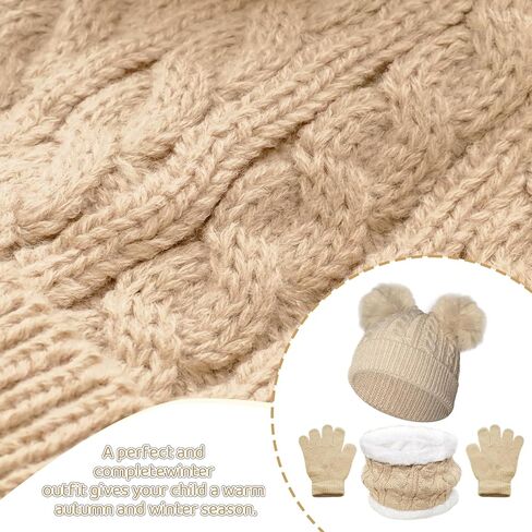 Kids Winter Hat Scarf Gloves Set Children Warm Knit Fleece Lined Pompom Hat Thick Beanie Hats Gloves for Girls Boys in Kuwait