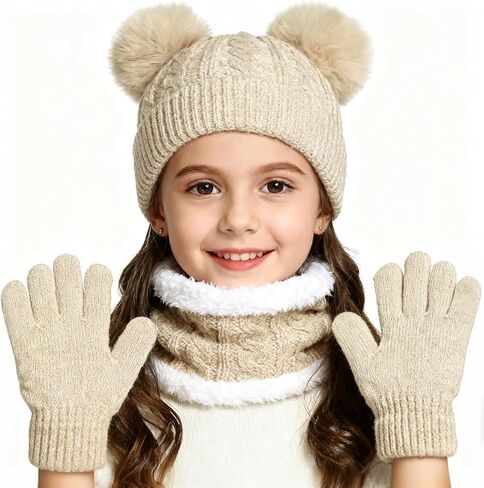 Kids Winter Hat Scarf Gloves Set Children Warm Knit Fleece Lined Pompom Hat Thick Beanie Hats Gloves for Girls Boys in Kuwait