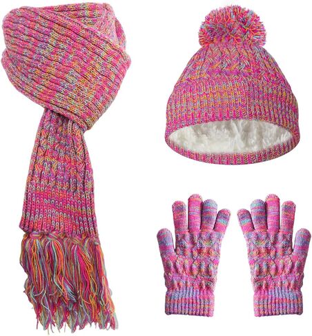 Heliltd 3pcs Kids Winter Hat Scarf Gloves Set Fleece Lined Knit Beanies with Pom Pom Warm Mittens for Boys Girls 3-12 Years in Saudi Arabia