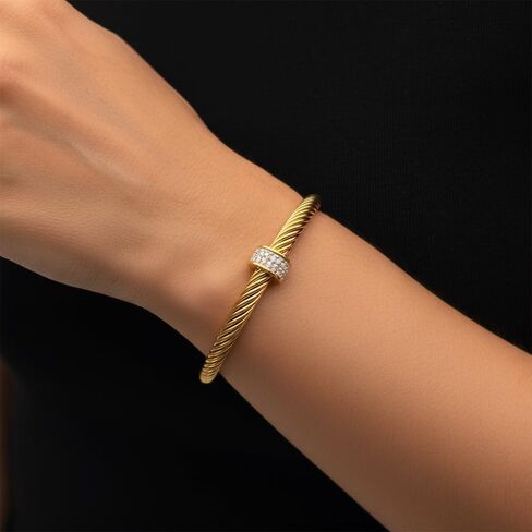 Cuff Bracelet for Women Non Tarnish Adjustable Stainless Steel Vintage Open Cable Bangle Twisted Wire Rhinestone Christmas Birthday Jewelry Gift Ladies in Saudi Arabia
