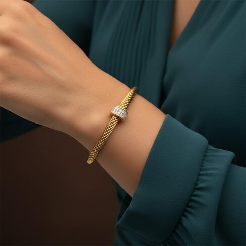 Cuff Bracelet for Women Non Tarnish Adjustable Stainless Steel Vintage Open Cable Bangle Twisted Wire Rhinestone Christmas Birthday Jewelry Gift Ladies in Saudi Arabia